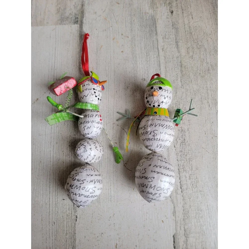 Nancy wolf Silvestri snowman‎ newspaper print ornament Xmas set